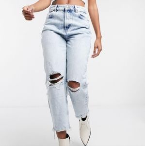 BERSHKA BLUE RIPPED MOM JEANS HIGH WAIST STRAIGHT LEG DISTRESSED Y2K Size US 6.